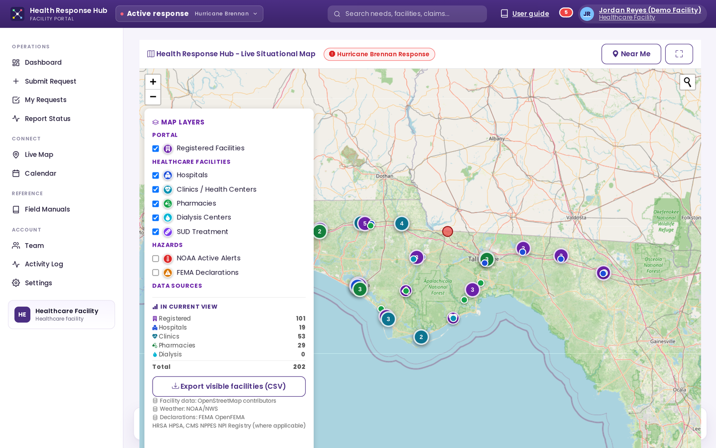 Live operational map — FL Panhandle facility clusters + incident pin